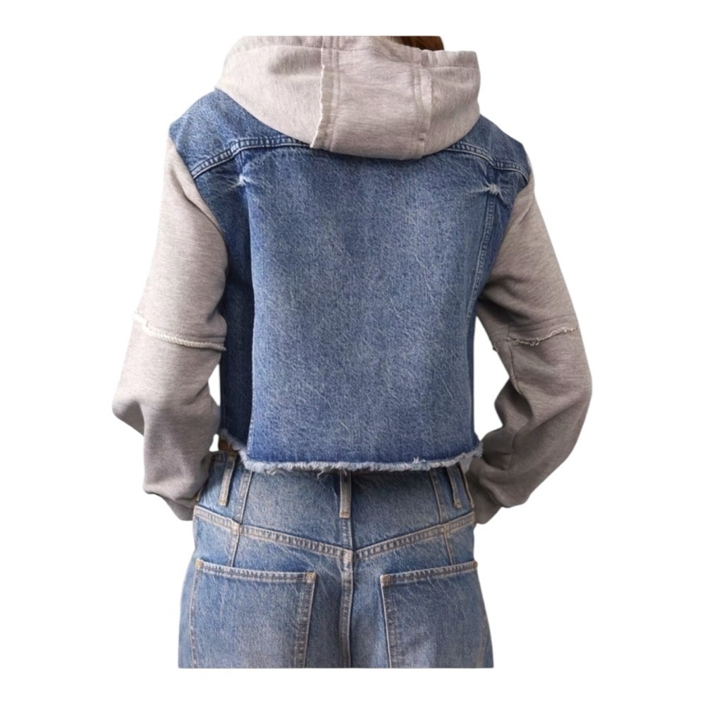 We The Free Throwback Blue Denim & Knit Raw Hem Jacket/Hoodie - Picture 2 of 7